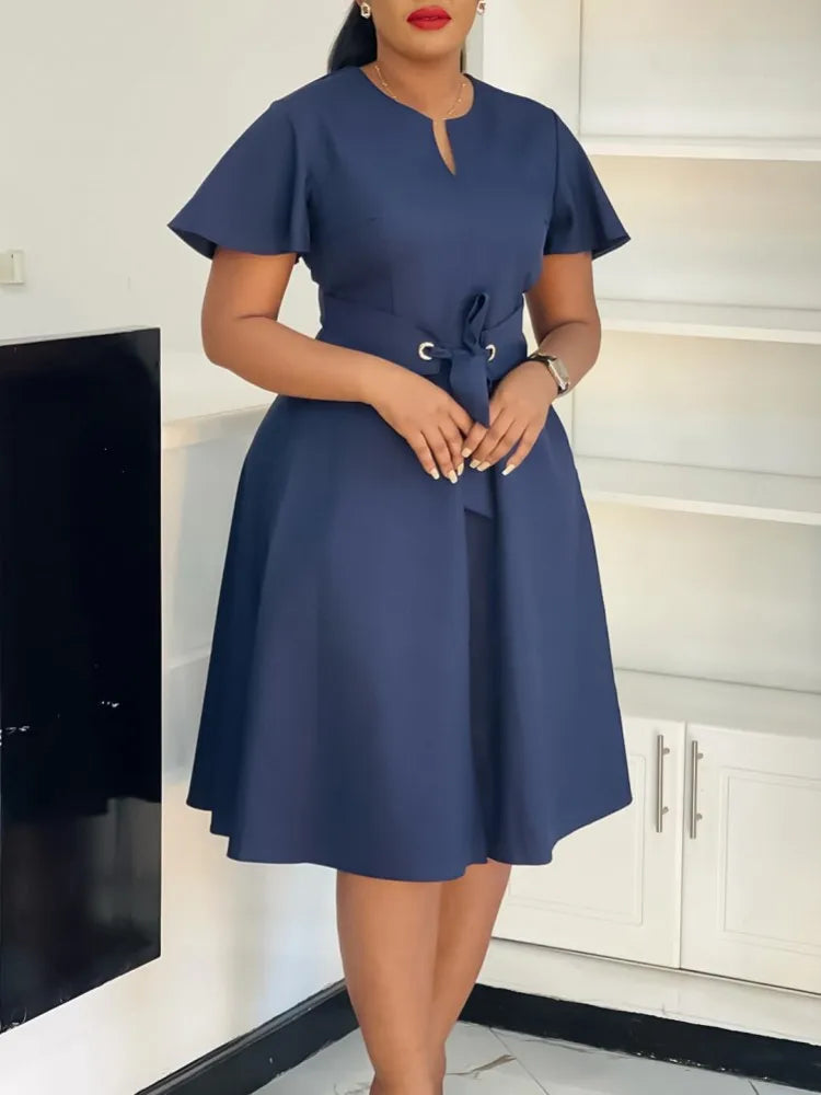 Plus Size Spring Summer New Solid Color Matching V-Neck Short Sleeves Fashion Commuting Slim Fit Midi Length Elegant Style Dress