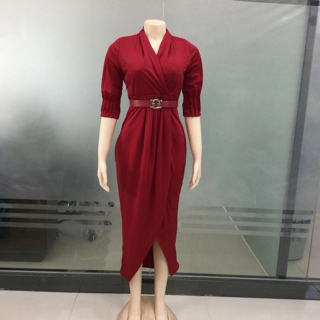2024Elegant Office Ladies Dresses Women Fall Clothes Plus Size Long Sleeve Slim 3XL Dresses With Belt