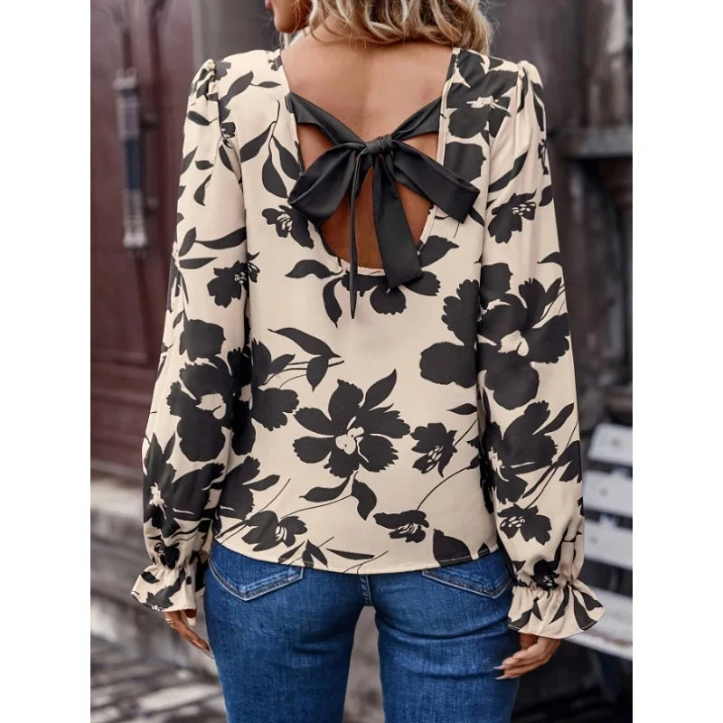 2025 Floral Printed Shirts Women'S Blouses Spring Autumn Vintage Bows Lace Up Single Breasted Backless Chic Shirts Tops Casual
