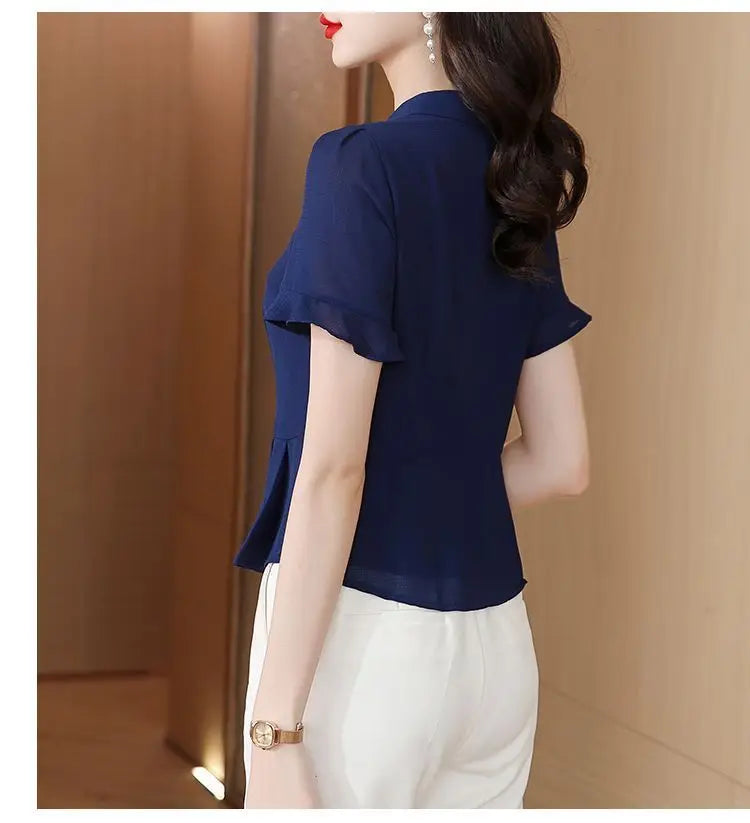 Women's Button Down Blouse Short Ruffle Sleeve Peplum Hem Chiffon Office Casual Top