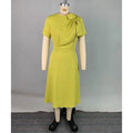 Green Yellow Officewear Dresses for Women 2026 Spring Summer O Neck Short Sleeve Bow High Waist Folds Elegant Midi Dress 182825