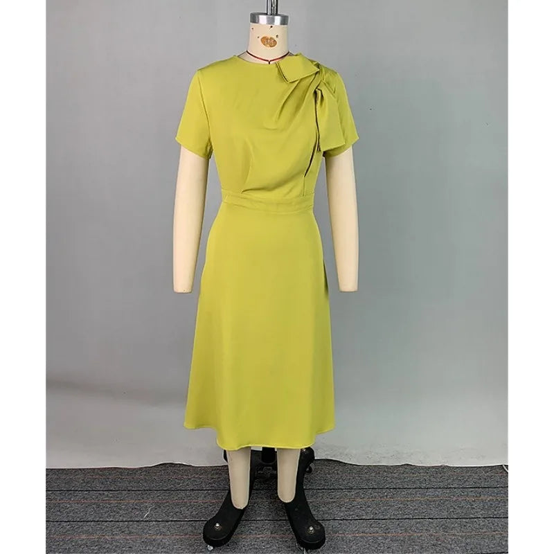 Green Yellow Officewear Dresses for Women 2026 Spring Summer O Neck Short Sleeve Bow High Waist Folds Elegant Midi Dress 182825