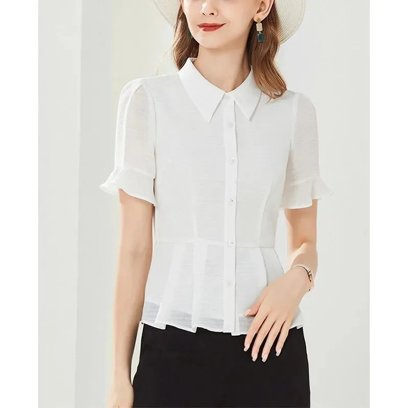 Women's Button Down Blouse Short Ruffle Sleeve Peplum Hem Chiffon Office Casual Top
