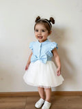 Single piece female baby fashionable, sweet and cute blue and white striped bow decoration spliced mesh dress for summer