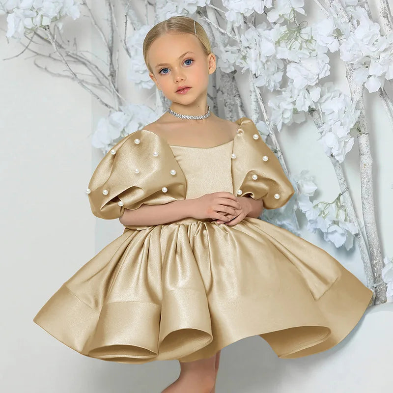 Kids Puffy Dress Pearl Decorated Girl Princess Dress Birthday Elegant Girls Party Dresses Children's Solid Bridesmaid Costume