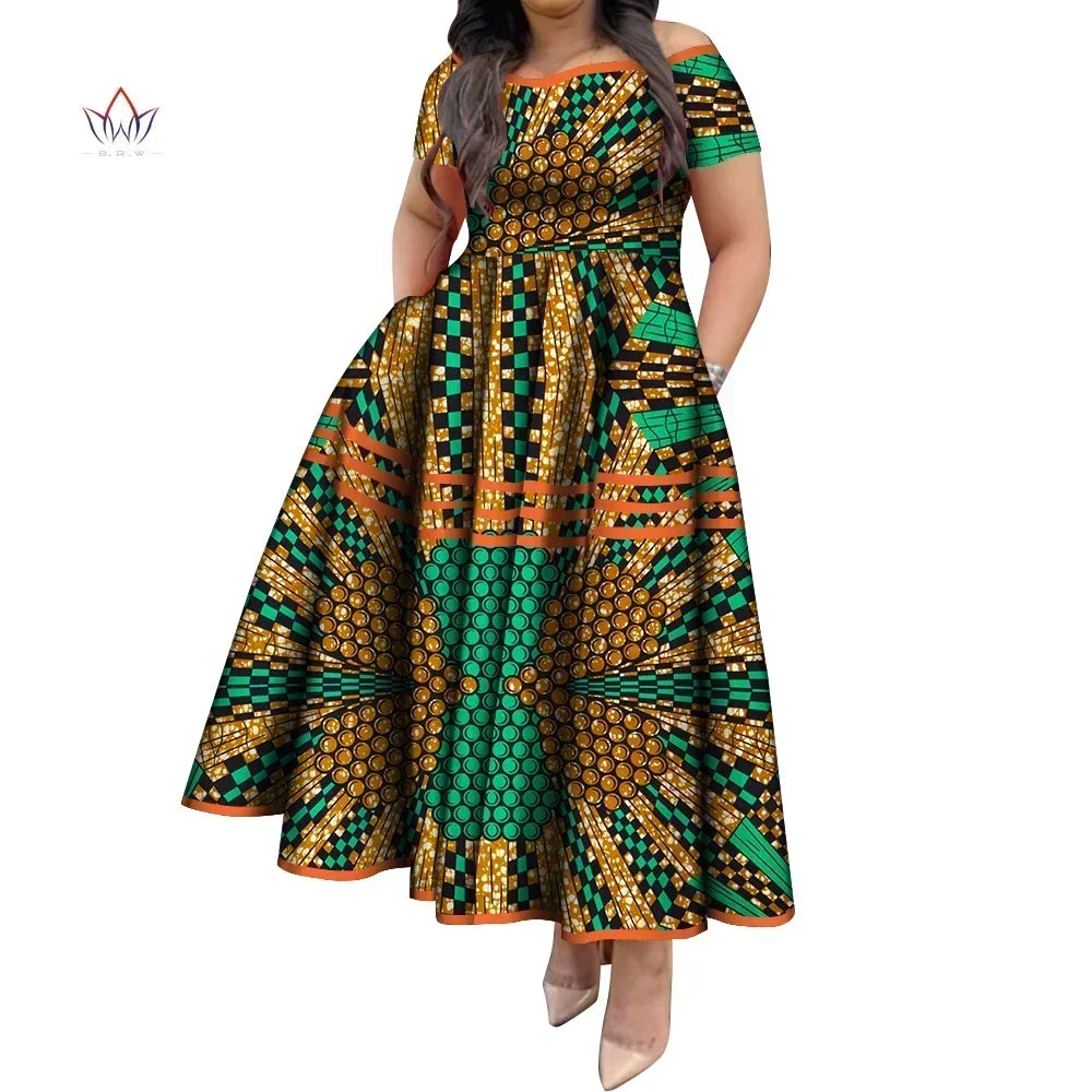 BintaRealWax African Dresses for Women Elegant African Print Short Sleeve High Waist Maxi Dress Africa Clothing WY3629