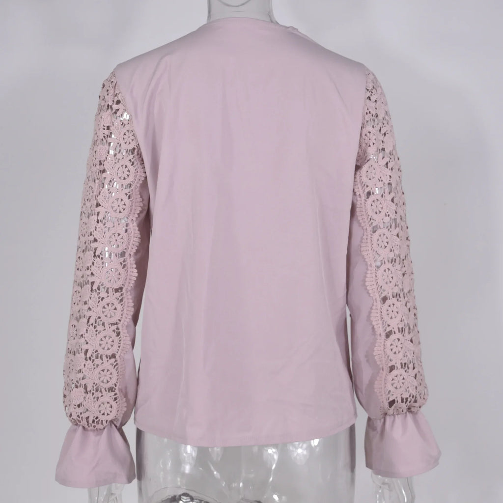 Women's Blouses White Office Spring Casual Button V-neck Long Sleeve Elegant Hook Flower Hollow Shirt For Female
