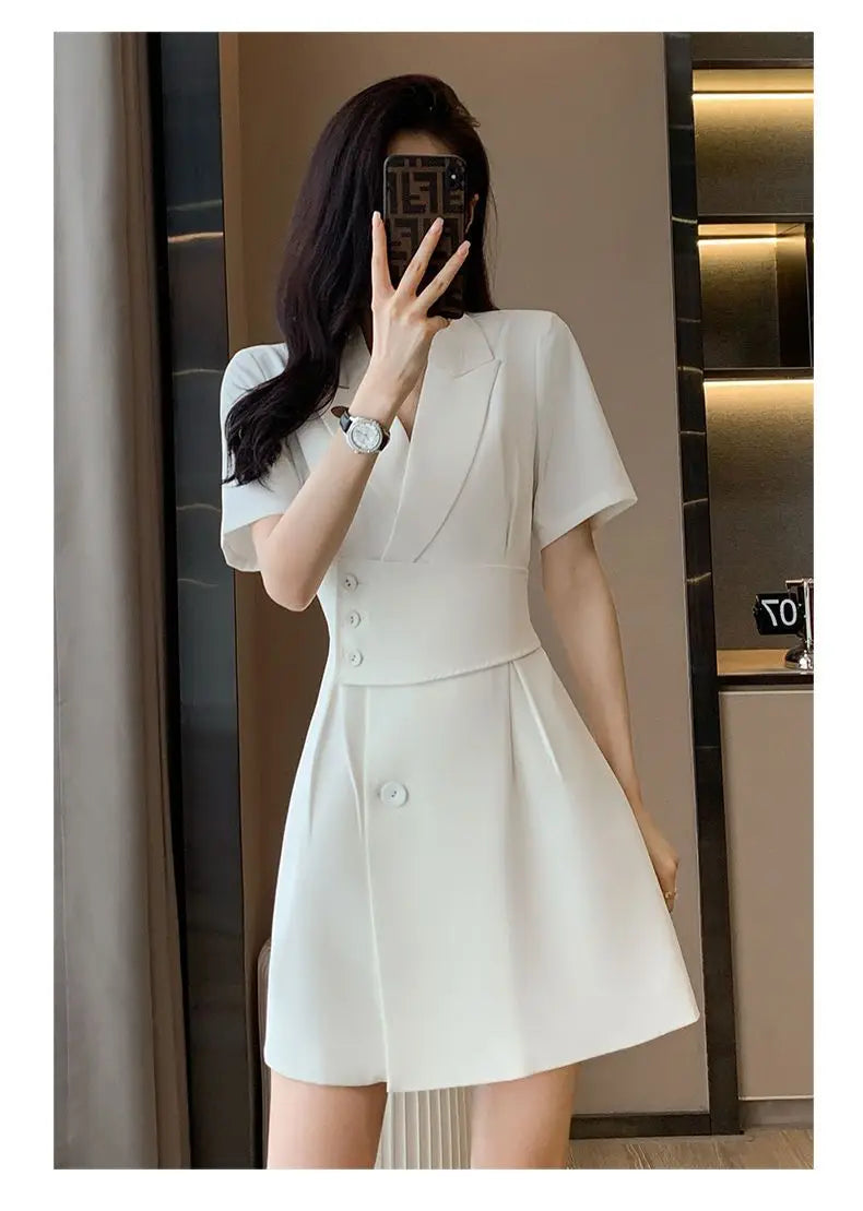 Summer New Office Lady Elegant Fashion Waist Dress Femme Short Sleeve Temperament Solid Robe Vestidos De Fiesta Women's Clothing