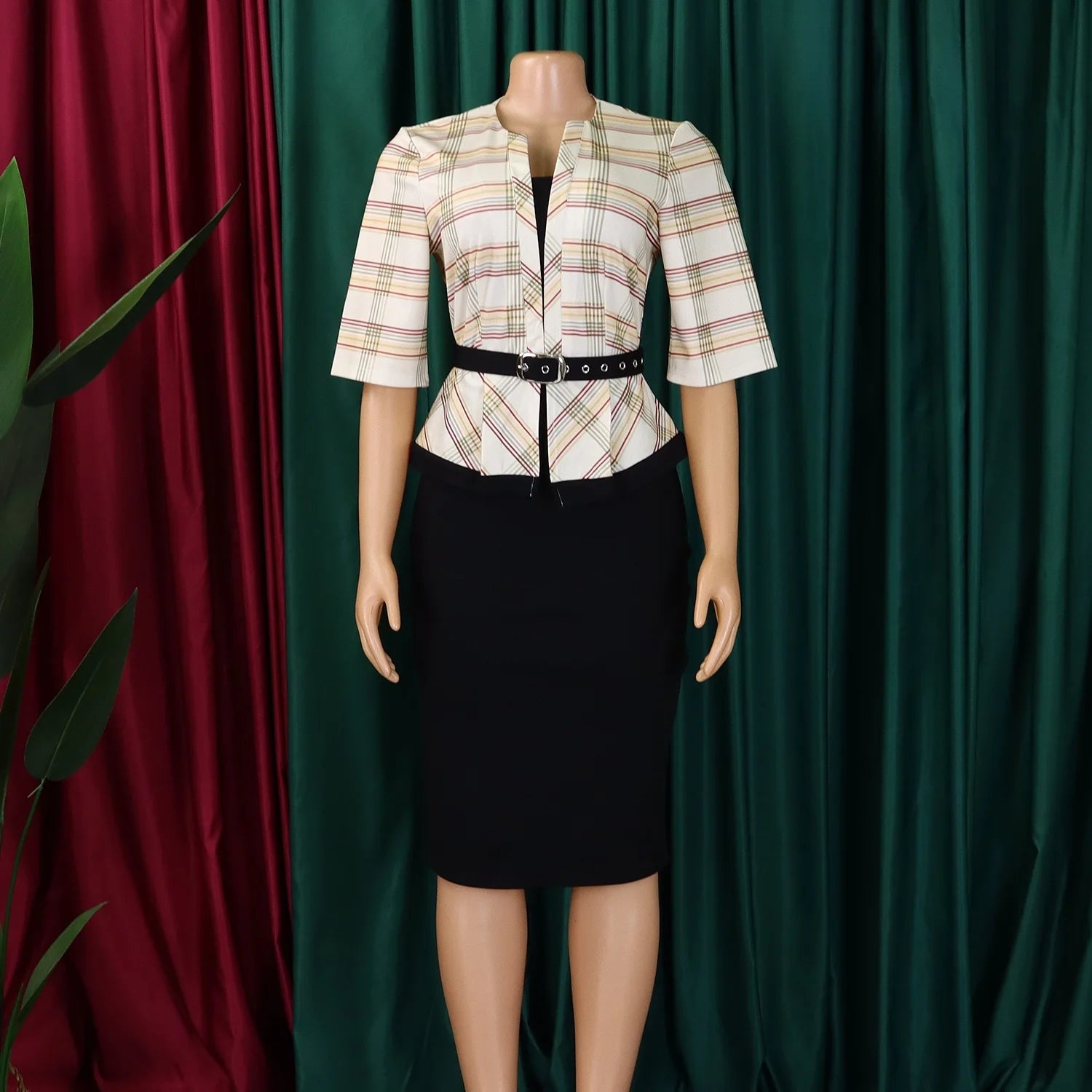 Elegant Office Ladies Dresses for Women O Neck Half Sleeve Plaid Patchwork Sheath Package Hips Female Business Work Wear Dress
