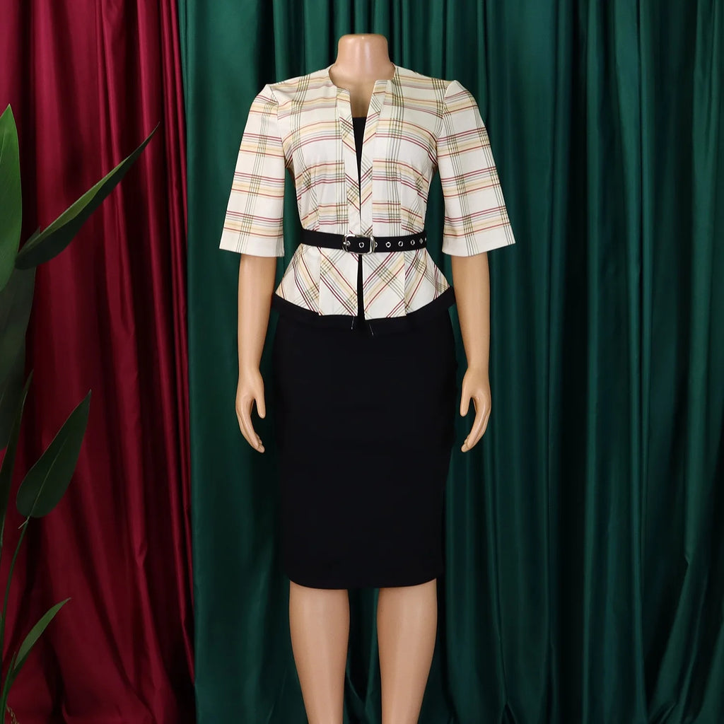 Elegant Office Ladies Dresses for Women O Neck Half Sleeve Plaid Patchwork Sheath Package Hips Female Business Work Wear Dress