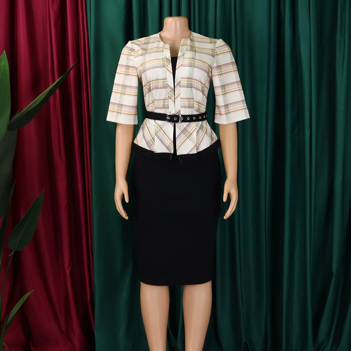 Elegant Office Ladies Dresses for Women O Neck Half Sleeve Plaid Patchwork Sheath Package Hips Female Business Work Wear Dress