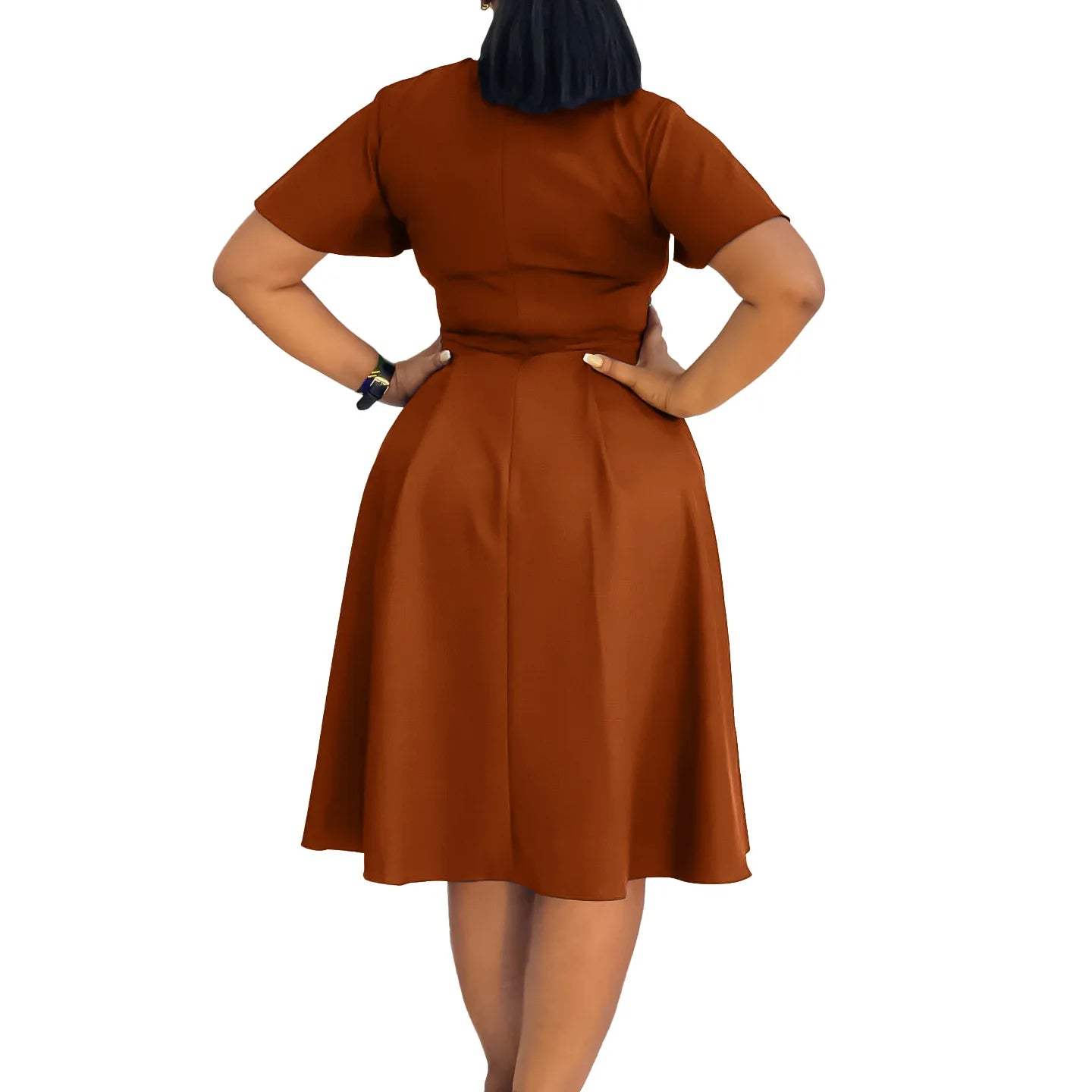 Plus Size Spring Summer New Solid Color Matching V-Neck Short Sleeves Fashion Commuting Slim Fit Midi Length Elegant Style Dress