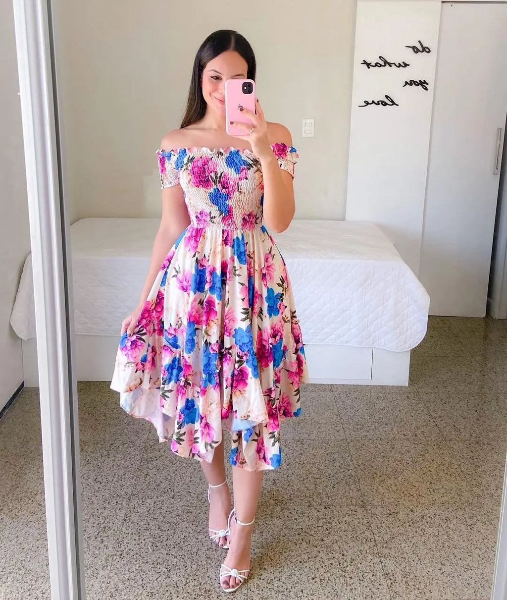 Women's Floral Print Dress, Butterfly Pink, Short Sleeve, Flower Slash Neck, Sexy Boho Elegant Casual Dresses, Summer, 2025