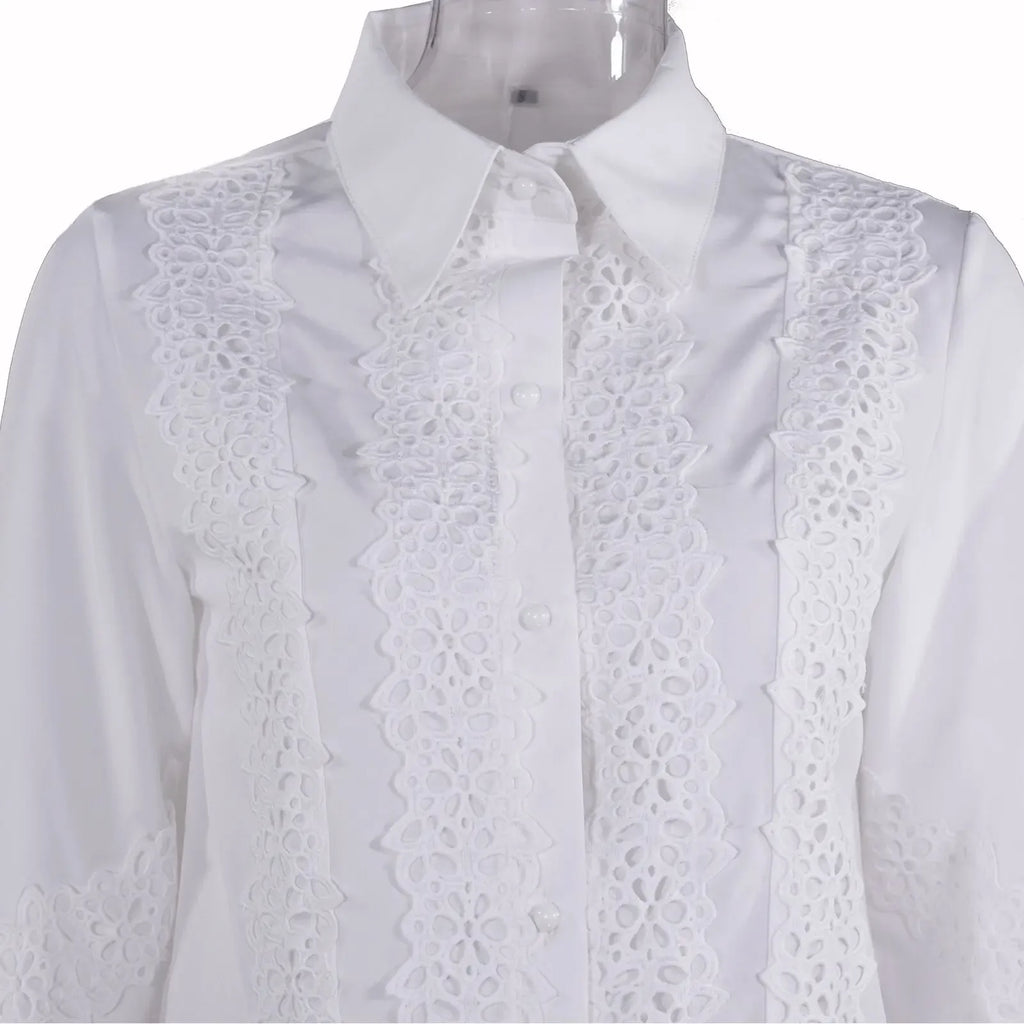 Women's Blouses White Office Spring Casual Button V-neck Long Sleeve Elegant Hook Flower Hollow Shirt For Female