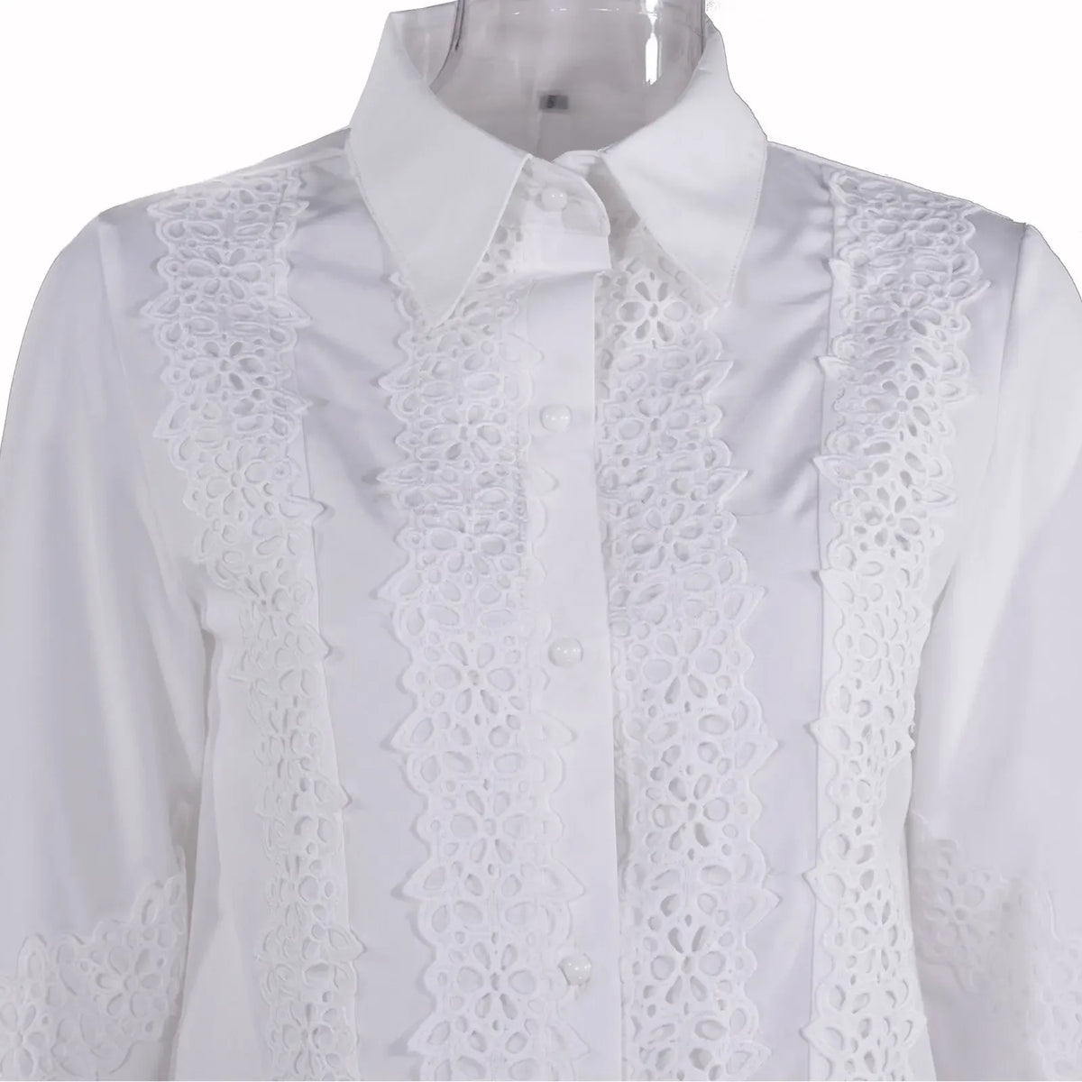 Women's Blouses White Office Spring Casual Button V-neck Long Sleeve Elegant Hook Flower Hollow Shirt For Female