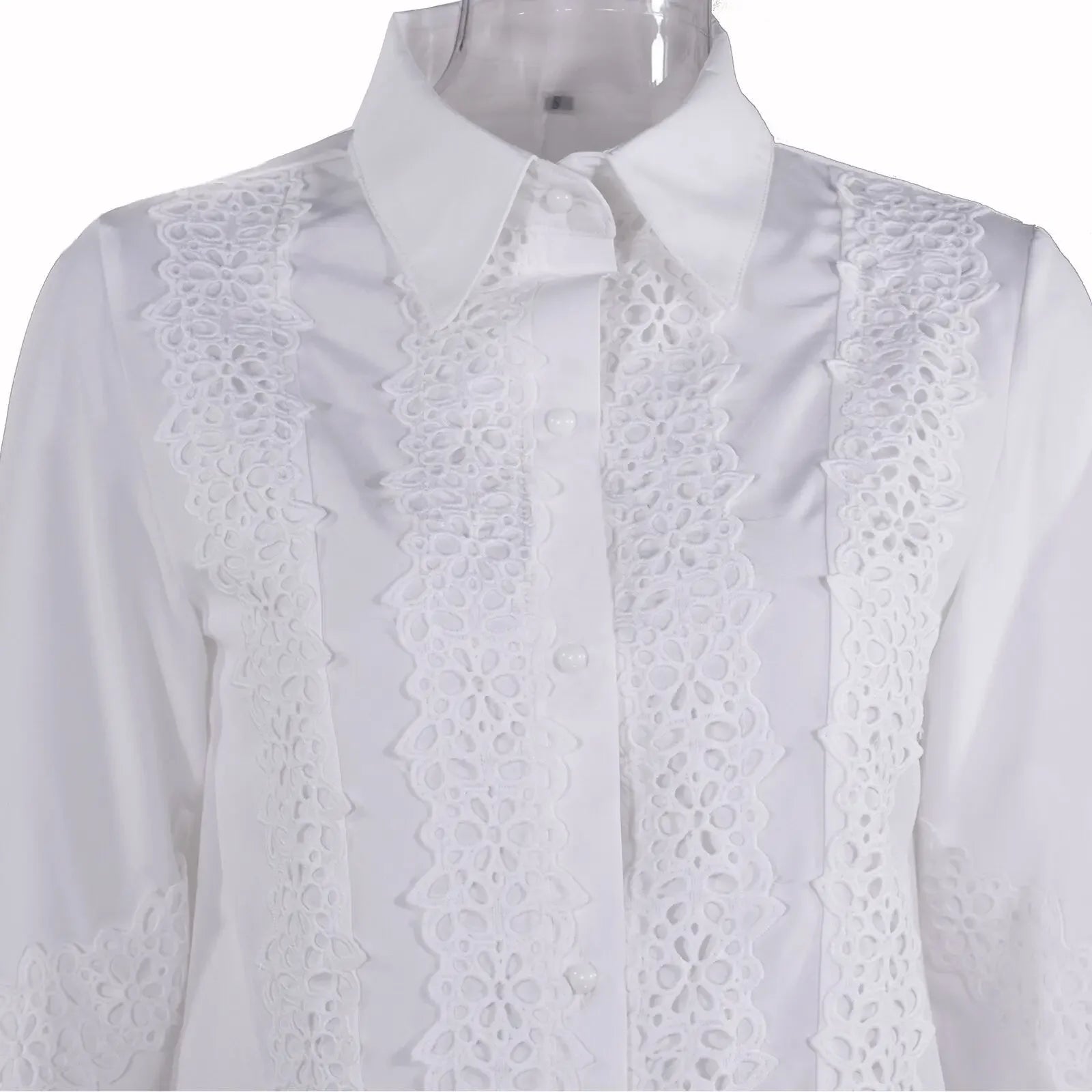 Women's Blouses White Office Spring Casual Button V-neck Long Sleeve Elegant Hook Flower Hollow Shirt For Female
