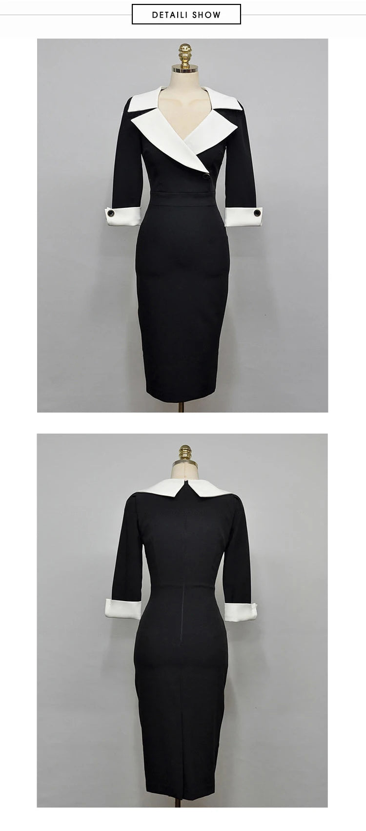 New Fashion Elegant Office Lady Women Dress Sexy Retro Casual Turn-Down Collar Black Formal Slim Midi Party Pencil Femme Vestido
