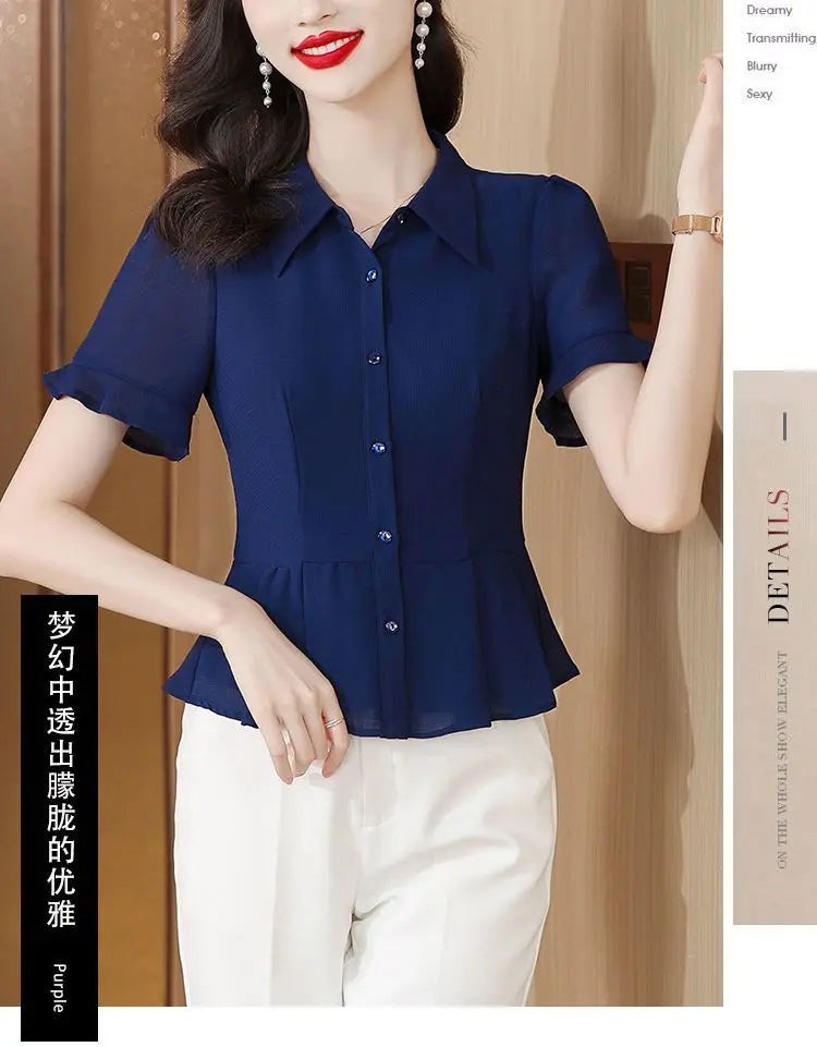 Women's Button Down Blouse Short Ruffle Sleeve Peplum Hem Chiffon Office Casual Top