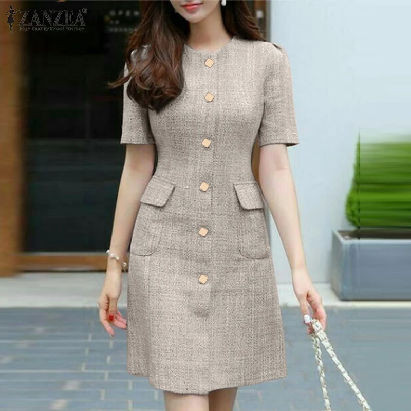 Summer Fashion OL Dress ZANZEA Women O Neck Short Sleeve Sundress Vintage Buttons Up Vestidos Robe Femme Elegant Party Dresses