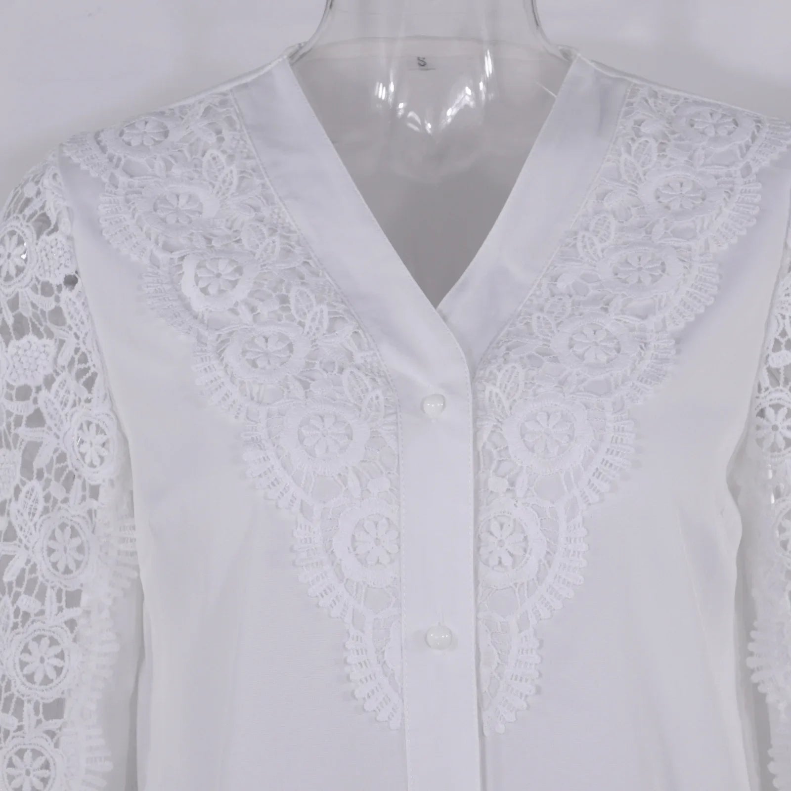 Women's Blouses White Office Spring Casual Button V-neck Long Sleeve Elegant Hook Flower Hollow Shirt For Female