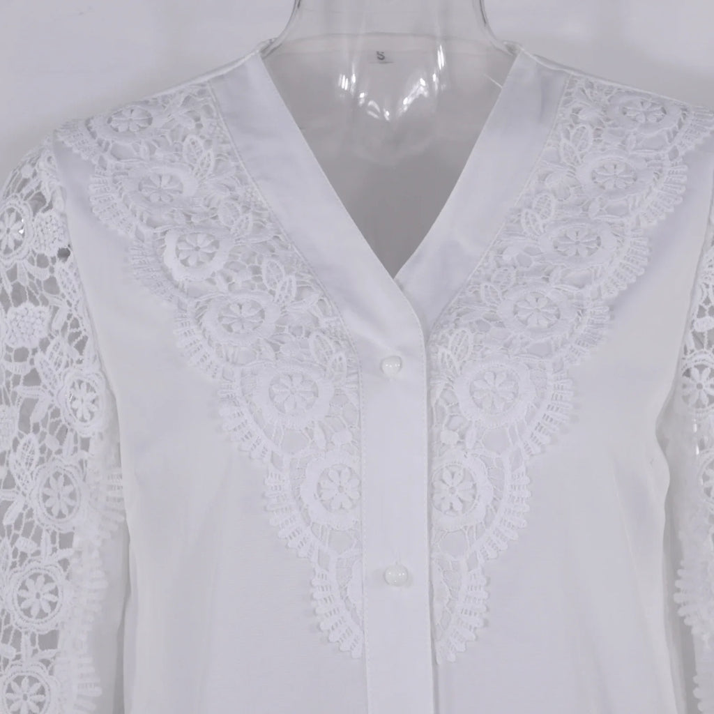 Women's Blouses White Office Spring Casual Button V-neck Long Sleeve Elegant Hook Flower Hollow Shirt For Female