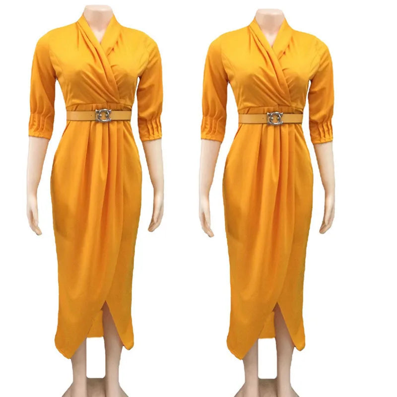 2024Elegant Office Ladies Dresses Women Fall Clothes Plus Size Long Sleeve Slim 3XL Dresses With Belt