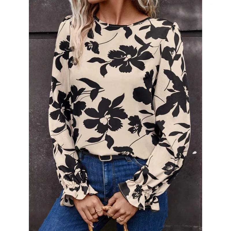 2025 Floral Printed Shirts Women'S Blouses Spring Autumn Vintage Bows Lace Up Single Breasted Backless Chic Shirts Tops Casual