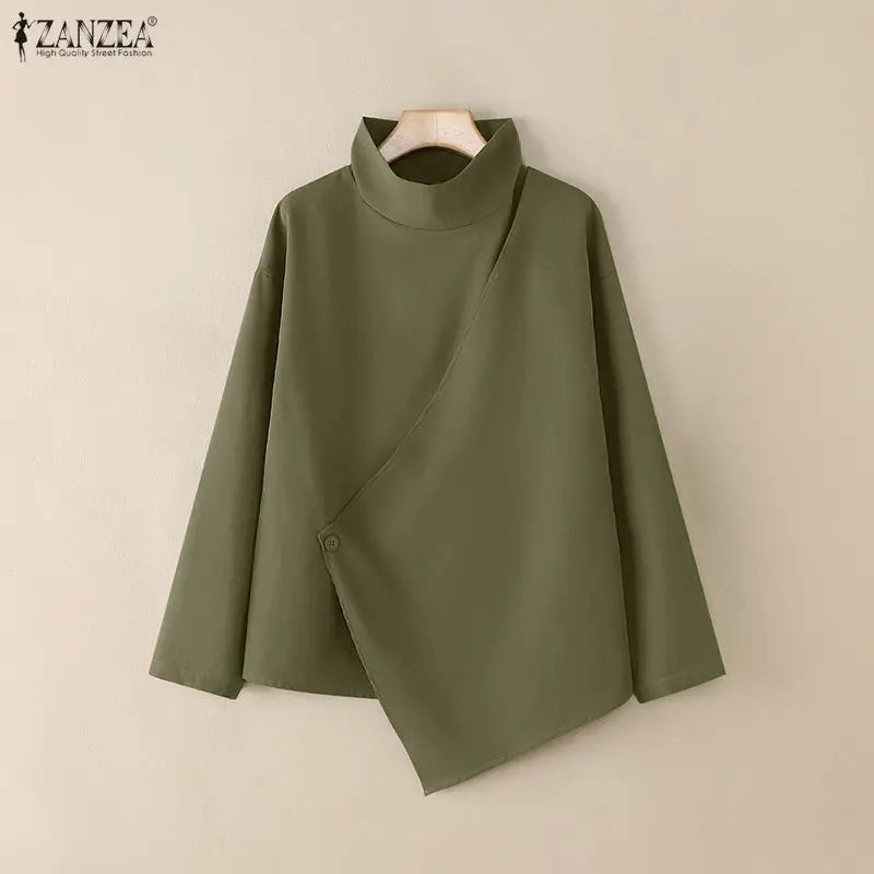 2025 Stylish Long Sleeve Office Blouses ZANZEA Women Autumn Turtleneck Tops Elegant Solid Shirt Irregular Blusas Female Mujer