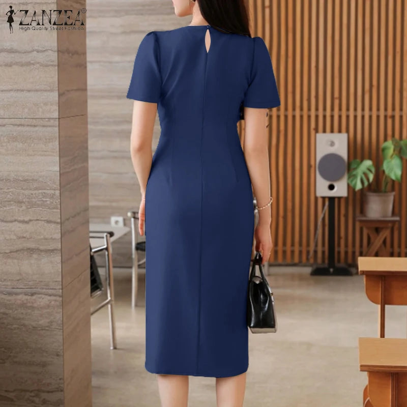 2025 Summer Dress ZANZEA Elegant Women Work OL Dresses Stylish Short Sleeve Slim Fit Party Vestidos Solid Lace Up Sundress Robe