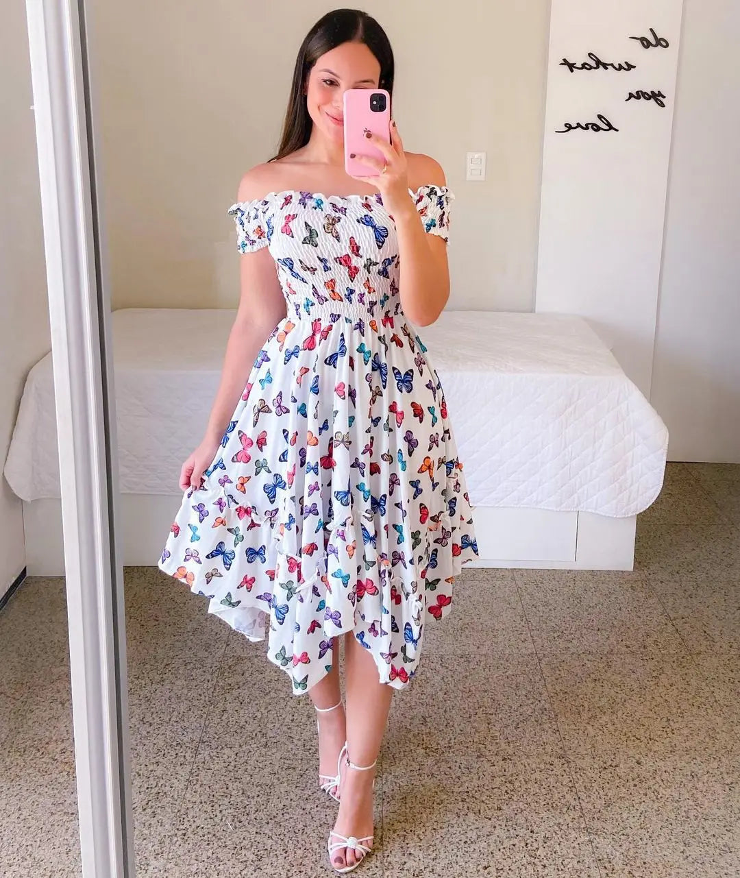 Women's Floral Print Dress, Butterfly Pink, Short Sleeve, Flower Slash Neck, Sexy Boho Elegant Casual Dresses, Summer, 2025