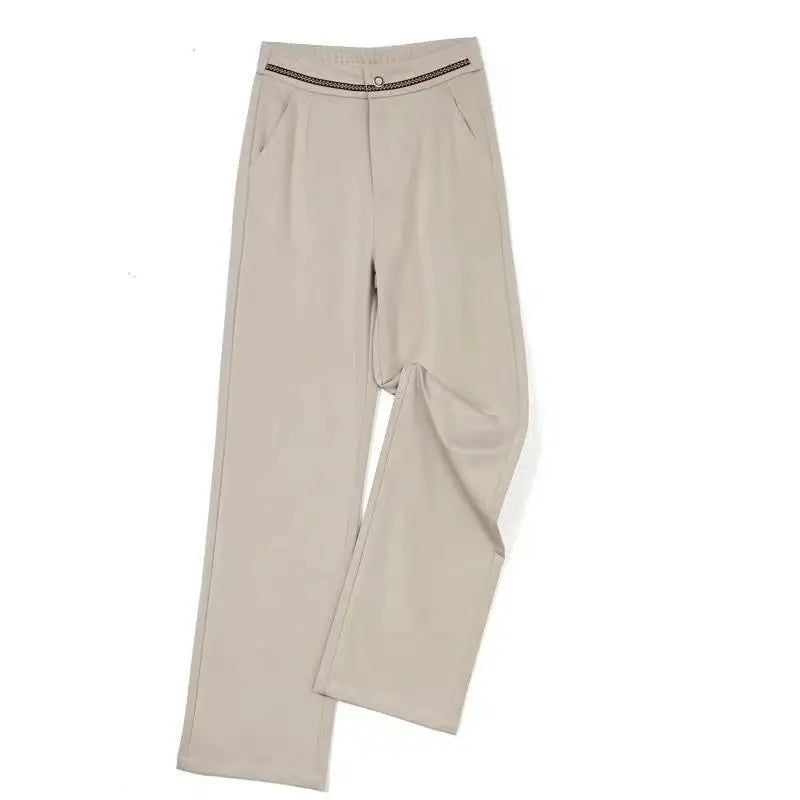 Fashion Office Lady Autumn Winter New Woolen Pants Women Solid Pockets Elastic High Waist Plus Velvet Straight Wide Leg Trousers