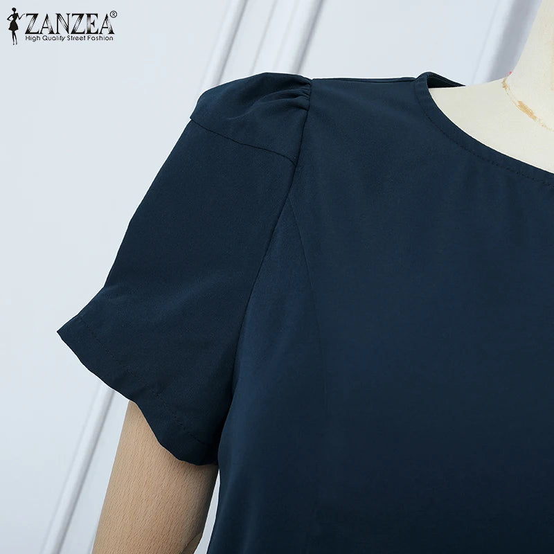 ZANZEA Office Women Dresses 2025 Fashion Summer Dress Elegant O Neck Short Sleeve Work Midi Vestido Stylish Solid Party Sundress