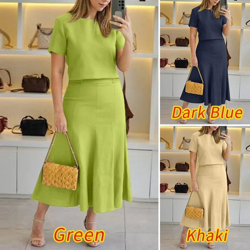 ZANZEA Fashion 2PCS Women Summer Dress Sets Summer Work OL Tracksuits Elegant Short Sleeve Blouse Sundress Casual Solid Outfits