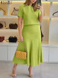 ZANZEA Fashion 2PCS Women Summer Dress Sets Summer Work OL Tracksuits Elegant Short Sleeve Blouse Sundress Casual Solid Outfits