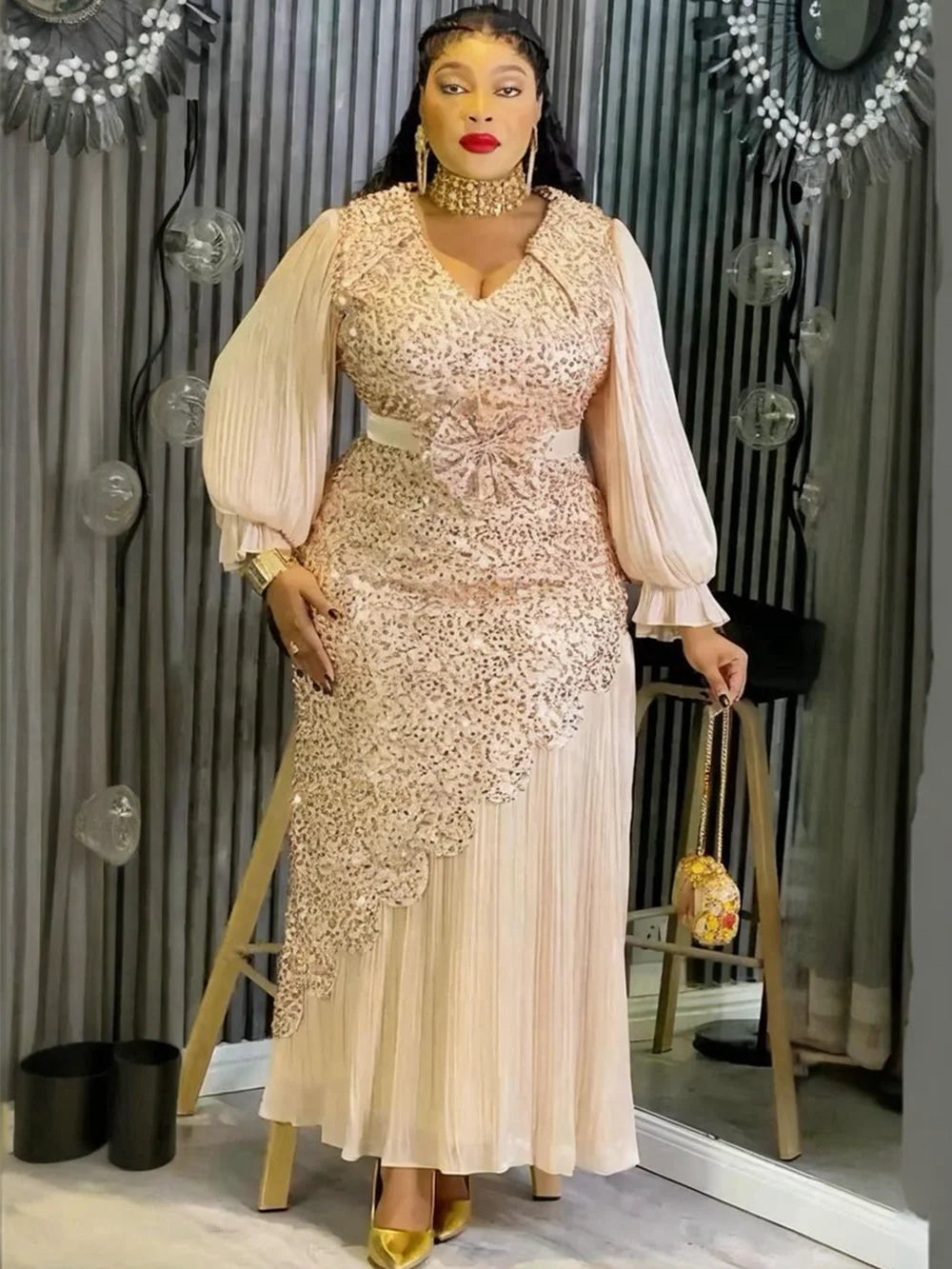 Elegant African Dresses for Women Plus Size Sequin Evening Party Long Dress Dashiki Ankara Turkey Outfits Robe African Clothes