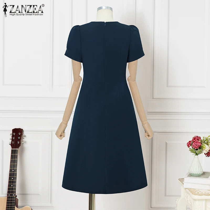 ZANZEA Office Women Dresses 2025 Fashion Summer Dress Elegant O Neck Short Sleeve Work Midi Vestido Stylish Solid Party Sundress