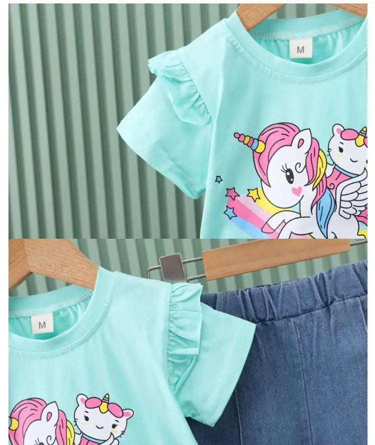 2024 New Children's Set Girls' Summer Cartoon Printed Short Sleeve+Cowboy Pants Infant Fashion Set 0-4 Years Old