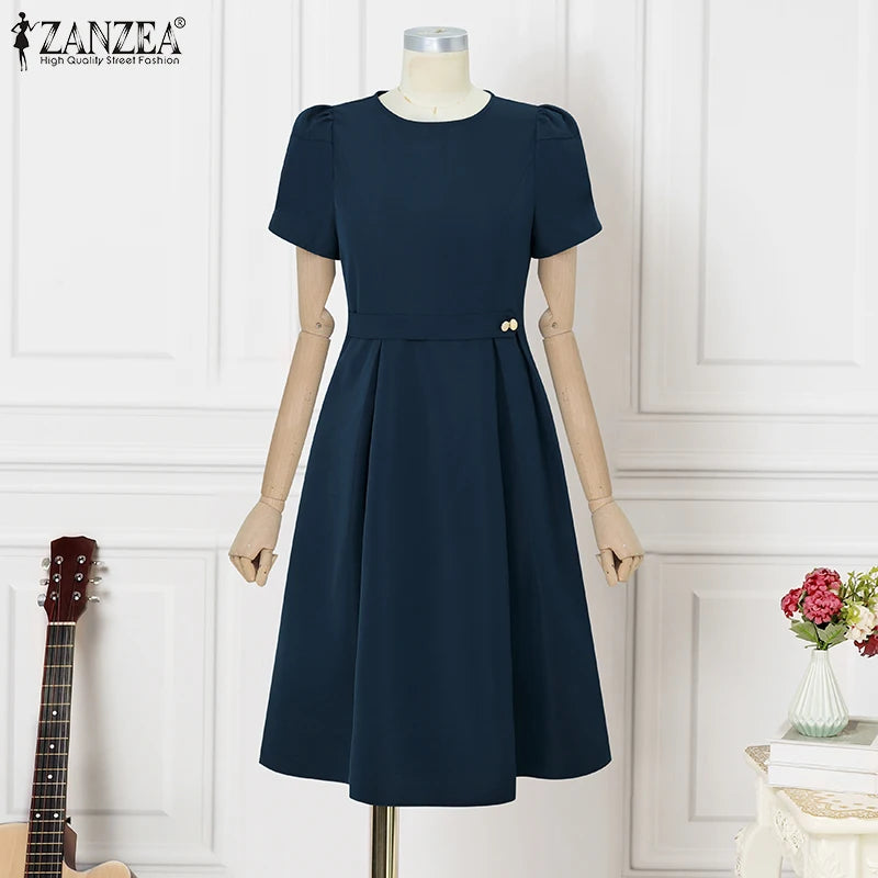 ZANZEA Office Women Dresses 2025 Fashion Summer Dress Elegant O Neck Short Sleeve Work Midi Vestido Stylish Solid Party Sundress