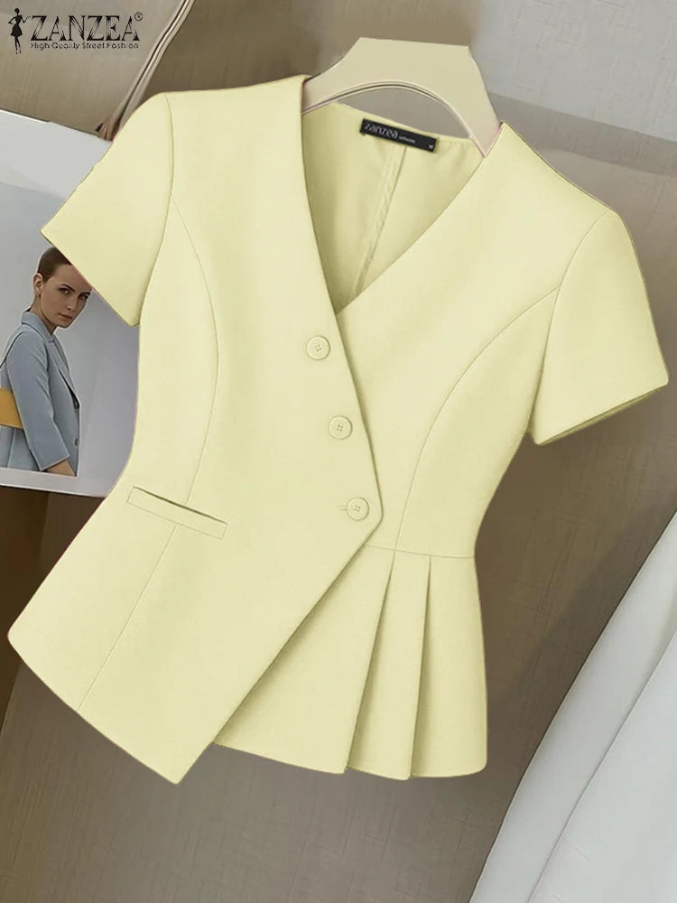 ZANZEA Fashion Shirts Women Elegant Office Tops Casual Short Sleeve Blusas Oversized V Neck Tunic 2025 Solid Color Pullover