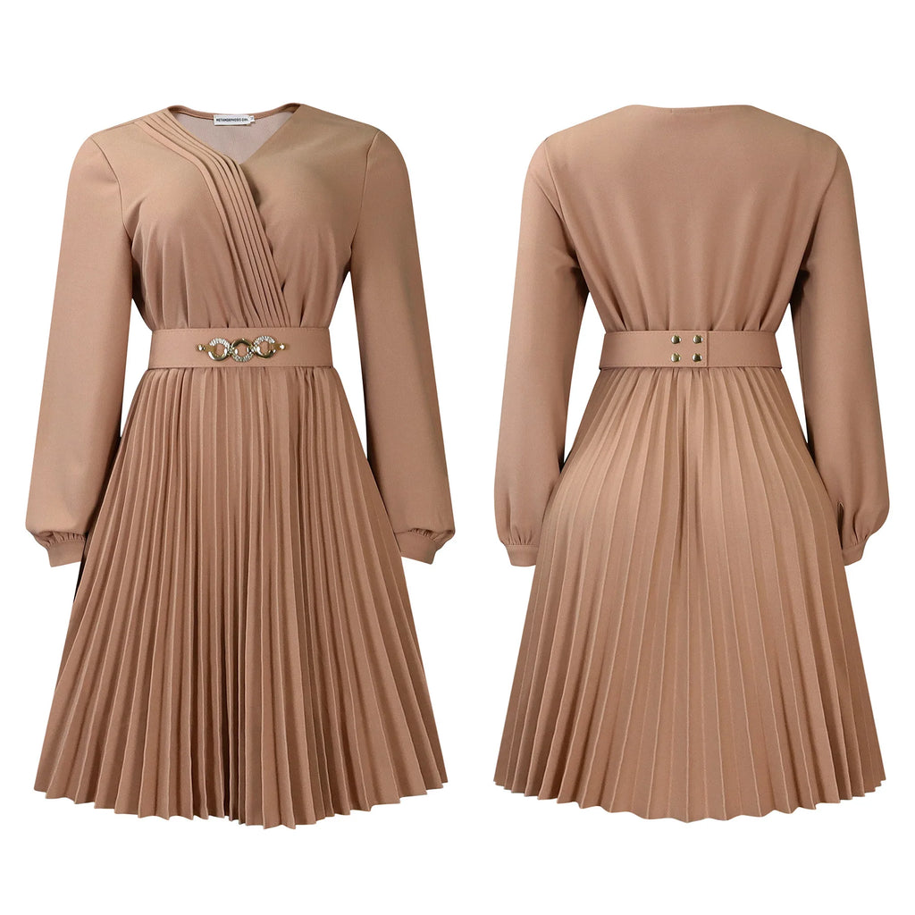 Summer New V-neck Elegant Solid Color Pleated Dress Fashionable Casual Knee-Length Women's Dress