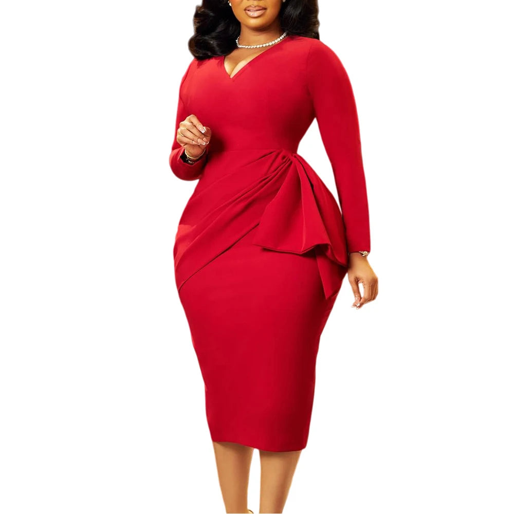 Church Dresses for Women Office Sexy V Neck Long Sleeve Ruched High Waist Sheath Dress 2025 Fall African Work Wear Midi Clothes