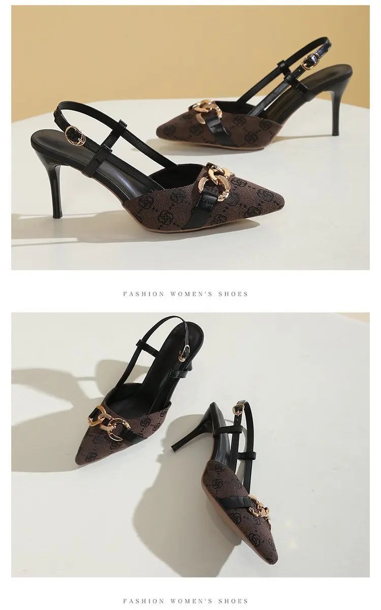 2025 Women's Fashion Baotou Sandals Spring New Pointed Head Shallow Mouth Metal Buckle Anti-slip Wear-resistant High Heels