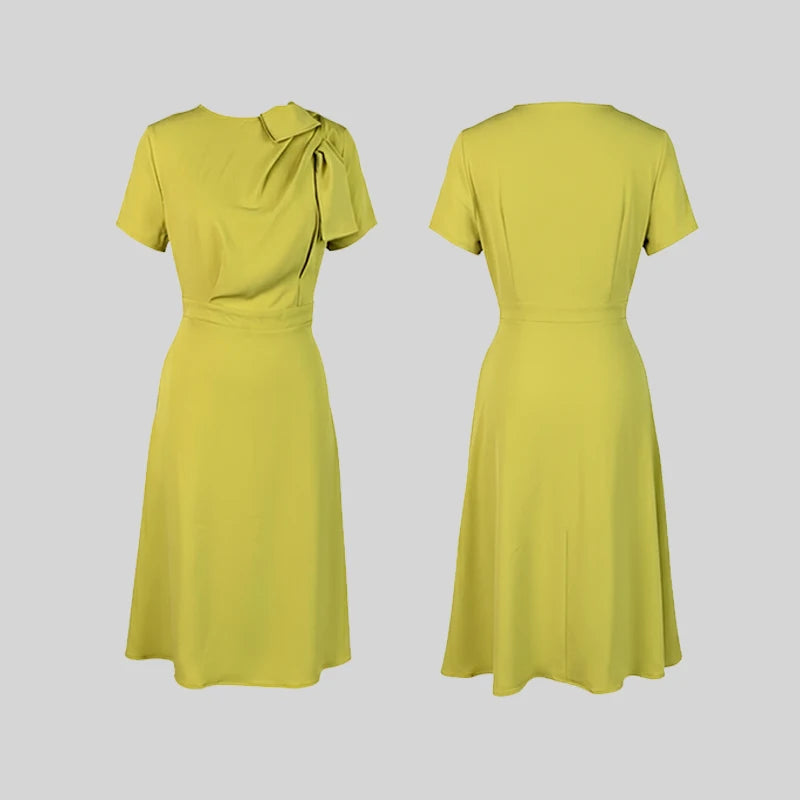 Green Yellow Officewear Dresses for Women 2026 Spring Summer O Neck Short Sleeve Bow High Waist Folds Elegant Midi Dress 182825