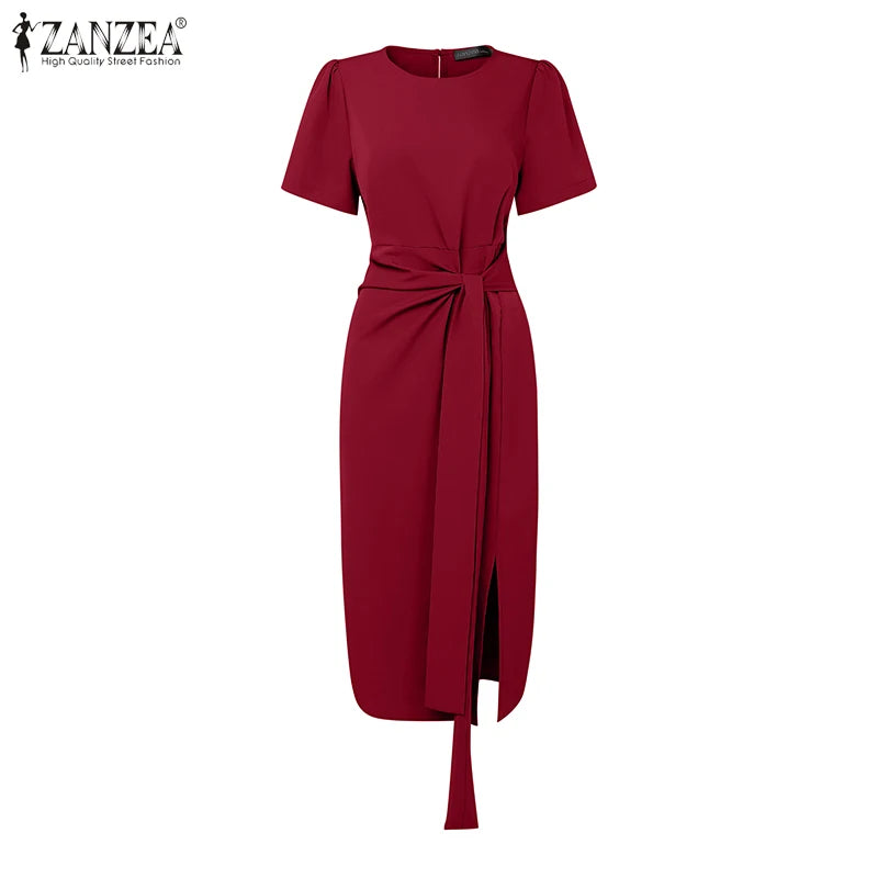 2025 Summer Dress ZANZEA Elegant Women Work OL Dresses Stylish Short Sleeve Slim Fit Party Vestidos Solid Lace Up Sundress Robe
