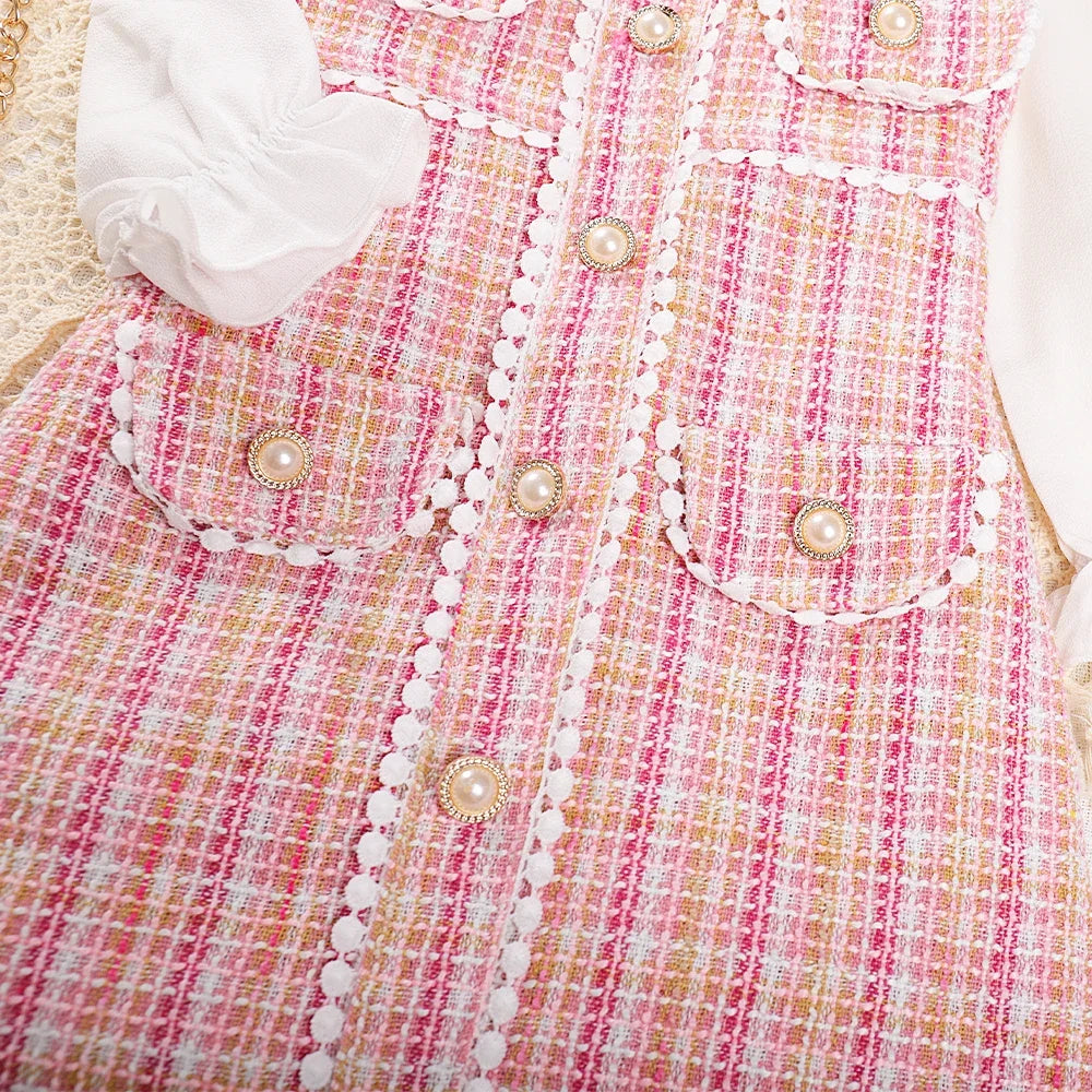Menoea Girls' Dress 2023 Autumn New Girls' Round Neck Plaid Lace Button Long Sleeve Dress Girls' Fashion Patchwork Dress