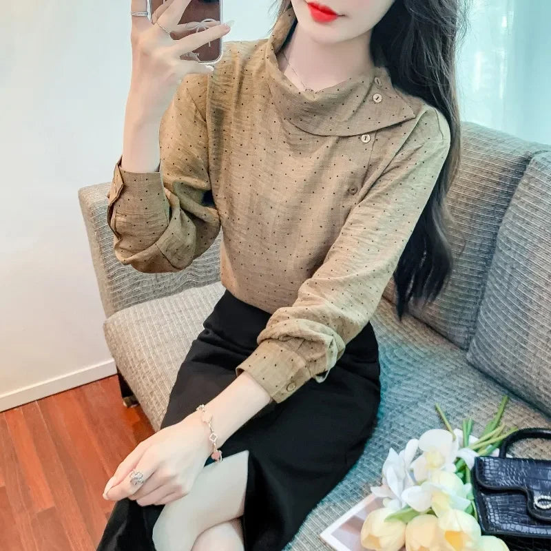 Women's Polka Dot Blouse Asymmetric Collar Long-Sleeve Office Top