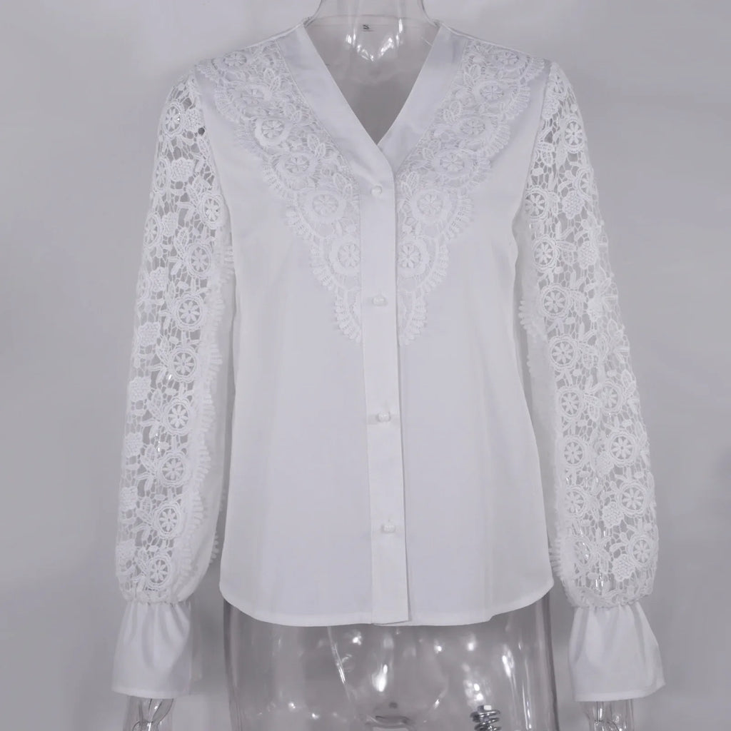 Women's Blouses White Office Spring Casual Button V-neck Long Sleeve Elegant Hook Flower Hollow Shirt For Female
