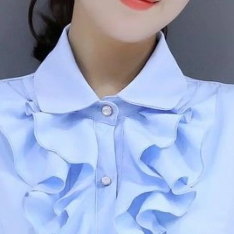 Autumn and Winter Women's Fashion Standing Collar Button Ruffles Shirring Blouse Solid Color Commuter Long Sleeve Slim Shirt