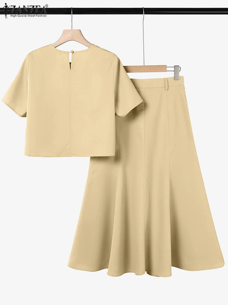 ZANZEA Fashion 2PCS Women Summer Dress Sets Summer Work OL Tracksuits Elegant Short Sleeve Blouse Sundress Casual Solid Outfits