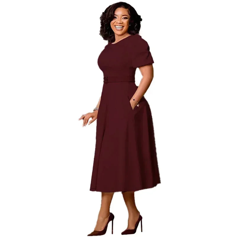 Ladies Office Dresses Women Formal Work O-Neck Puff Sleeve Wrap Waist A-line Dresses with Belt Bodycon Dress African Dresses
